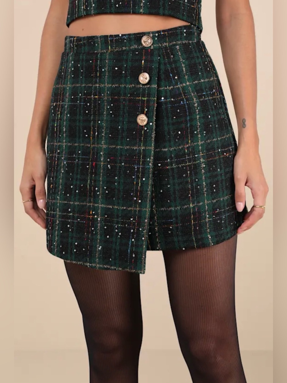 Lulu's Adorably Posh Green Multi Plaid Tweed Faux Wrap Mini Skirt